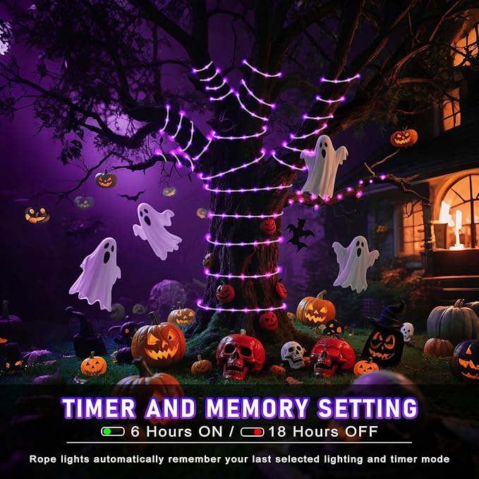 Purple Halloween Lights, 66FT 200 LED Rope Lights for Outside Waterproof with 8 Modes, Connectable Tube String Lights for Indoor, Garden, Backyard, Patio, Deck, Pool, Tree Decorations