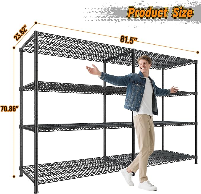 REIBII 81.5''W Storage Shelves 3680LBS Garage Shelving Heavy Duty 4 Tier Metal Shelving Unit Adjustable Wire Shelf and Storage Pantry Shelves for Kitchen Garage,81.5Wx23.62Dx70.86H,Black