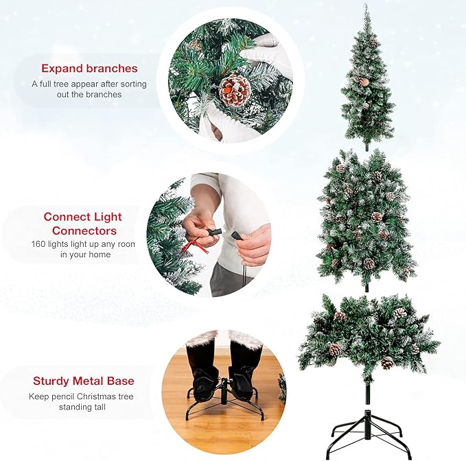 Homde Pencil Christmas Tree 6 Foot Pre-Lit Artificial Christmas Tree with Flocked Snow Pine Cone 160 Warm White Lights Holiday Decor
