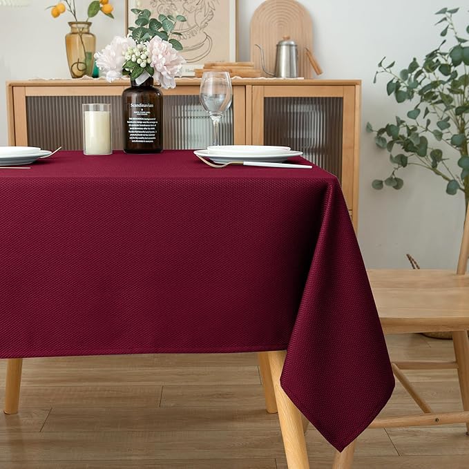 Biscaynebay Textured Fabric Christmas Square Table Cloth 70x70 Inch, Burgundy Water Resistant Tablecloths for Dining, Kitchen, Wedding, Parties etc. Machine Washable