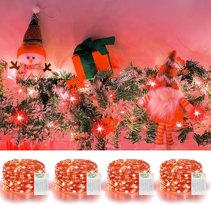 4 Pack 60LED Christmas Fairy Lights Battery Operated - 20FT Twinkle Lights with 2 Lighting Modes Indoor Outdoor, Waterproof Led Fairy String Lights for Bedroom, Wedding, Dorm, DIY Decor, Red
