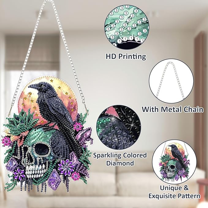 SENQAO Crow Diamond Art Hanging Kit for Adult, Special Shaped Rhinestone, Double Sided DIY Acrylic Diamond Art Painting Window Pendants Home Garden Wall Hanging Kits Hanging Ornament (Raven Skull)