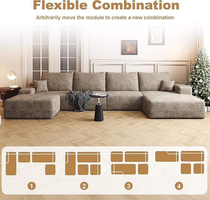 136" Sectional Couches for Living Room Modern Modular Sofa with L-Shape Couchs Upholstered Boneless Couch Deep Seat Sectional Couch with Chaise (Camel, Right Facing Chaise+3Seaters+Ottoman)