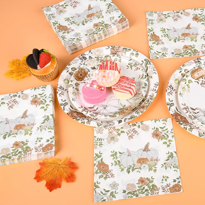 150Pcs Fall Paper Plates and Napkins Party Supplies Autumn Thanksgiving Disposable Plates Napkin White Pumpkin Plates Tableware Set for Fall Decor Thanksgiving Party Supplies,Serve 50 Guests