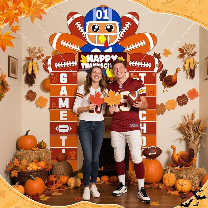 Thanksgiving Football Turkey Party Porch Banner Turkey Door Banner for Thanksgiving Decorations Hanging Porch Sign for Football Party Supplies Photo Backdrop Indoor Outdoor Wall Front Door Cover