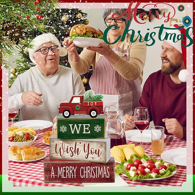 4 Pcs Rustic Christmas Decor Wooden Red Truck Winter Tiered Tray Decor Merry Christmas Table Centerpiece Wood Red Truck Block Sign Gift Farmhouse for Home Kitchen Tabletop Office Shelf