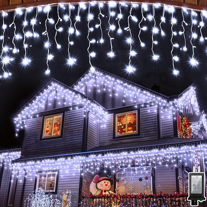 1296LED Christmas Lights with 288 Drops, 131ft 8 Modes Christmas String Lights Outdoor, Waterproof Christmas Decorations Fairy Lights with Timer Memory for Xmas Party Patio Fence Tree Cool White