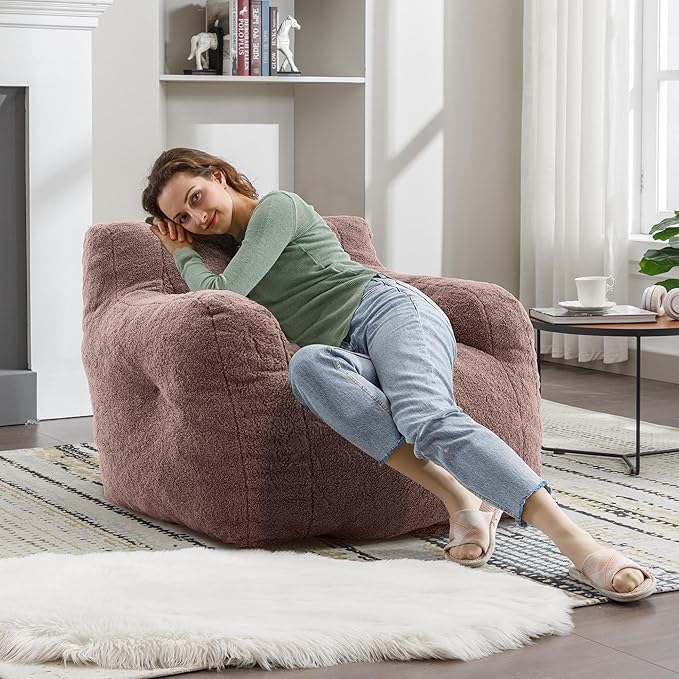 Recaceik Bean Bag Chairs, Tufted Soft Stuffed Bean Bag Chair with Filler, Fluffy Lazy Sofa Chair Lounger, Comfy Giant Bean Bag Chair for Bedroom, Living Room, Brown