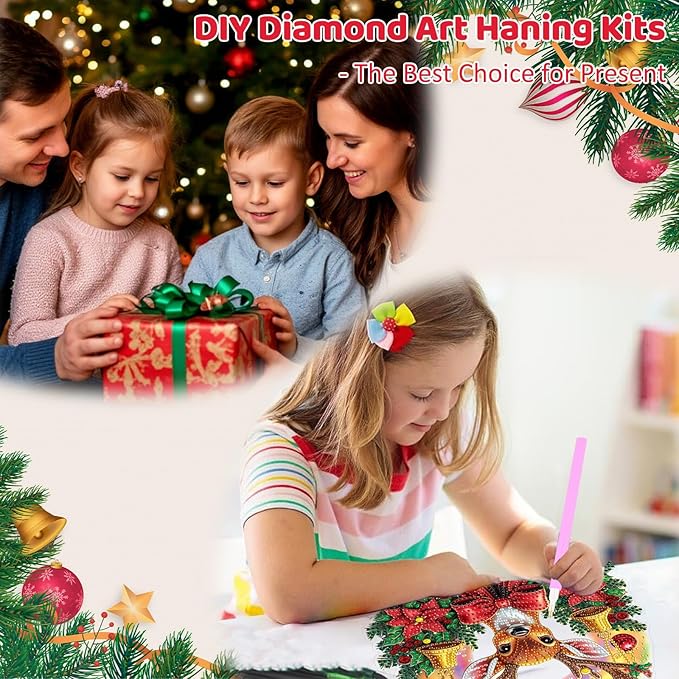 MEIYUDA Christmas Hanging Diamond Art Kits for Adult, Deer Diamond Painting Hanging Kits Ornaments, DIY Special Shaped Rhinestone Window Pendants kit for Home Garden Wall Decor Gift