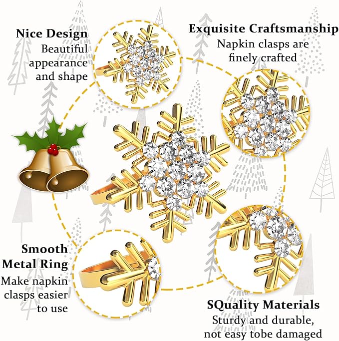 Halatool Set of 8 Christmas Napkin Rings Gold Snowflake with White Rhinestone Napkin Holder for Christmas Thanksgiving Holiday Party Table Decoration
