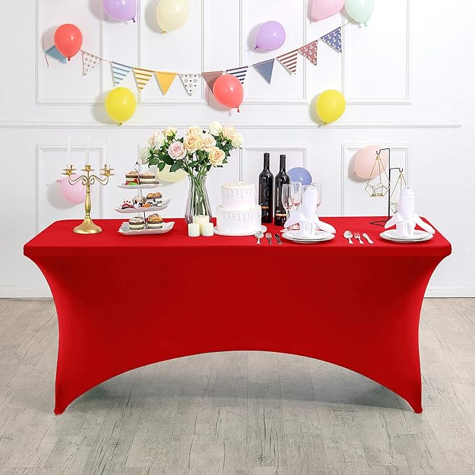 2Pack Spandex Table Cover for 8FT or 4ft or 6ft Table Universal Fitted Stretch Tablecloth for Party, Banquet, Wedding and Events-Red