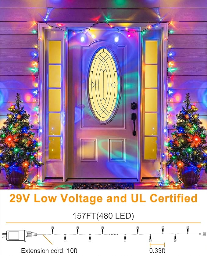 Christmas Lights Outdoor, 157FT 480 LED Plug in Christmas Tree Lights Waterproof, 8 Modes Fairy String Light for Indoor Bedroom Garden Patio Porch Xmas Party Holiday Decorations, Multicolor