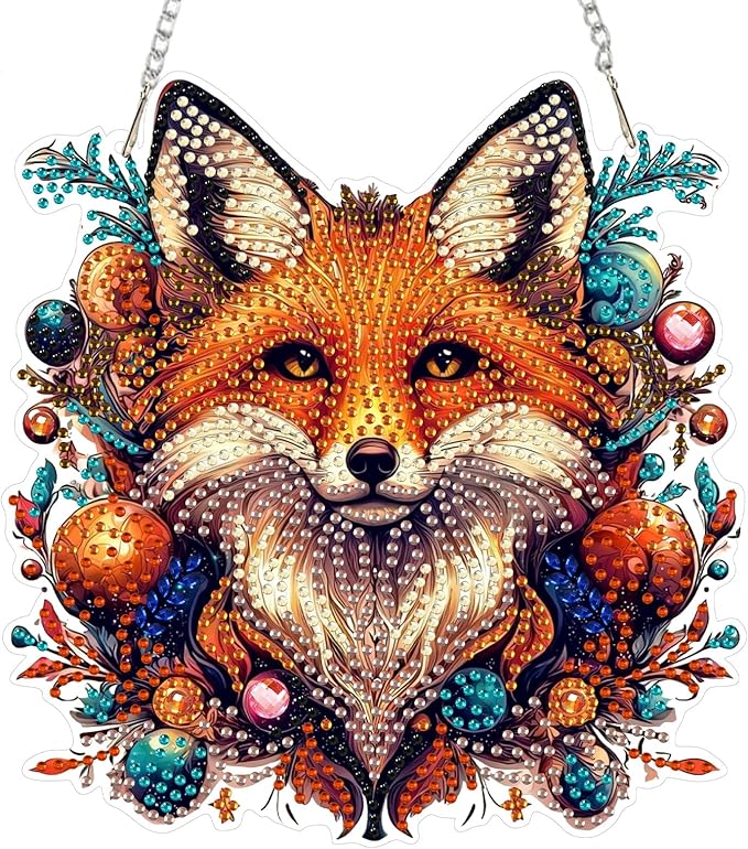 SENQAO Fox Diamond Art Hanging Kit for Adult, Special Shaped Rhinestone, Double Sided DIY Acrylic Diamond Art Painting Window Pendants Home Garden Wall Hanging Kits Hanging Ornament