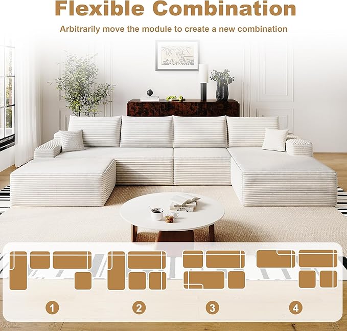 136" Sectional Couches for Living Room Modern Modular Sofa with L-Shape Couchs Upholstered Boneless Couch Deep Seat Sectional Couch with Chaise (White, Right Facing Chaise+3Seaters+Ottoman)