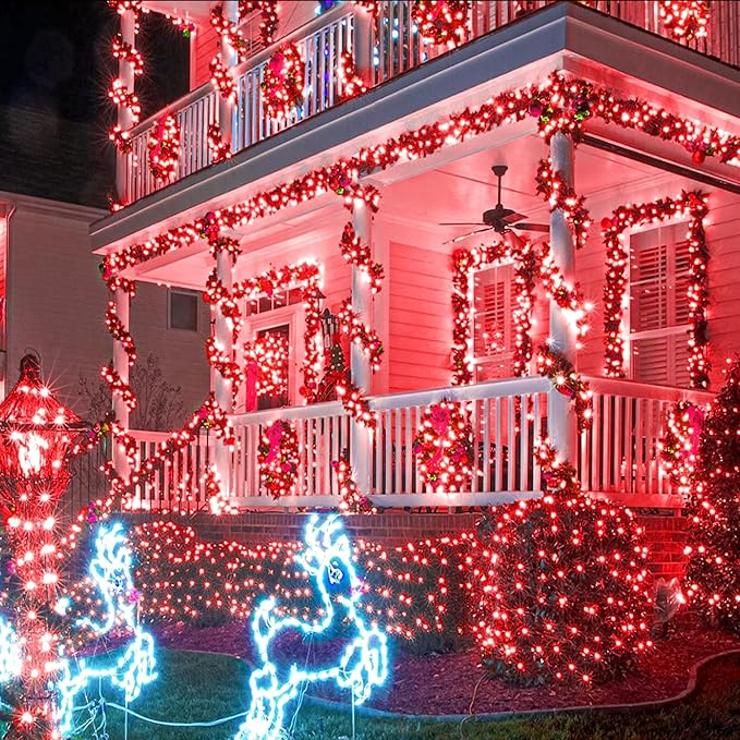 250 LED Red String Lights Outdoor, 82ft Red Christmas Lights 8 Modes Clear Wire, Plug in Waterproof Fairy String Light for Bedroom Christmas Decorations