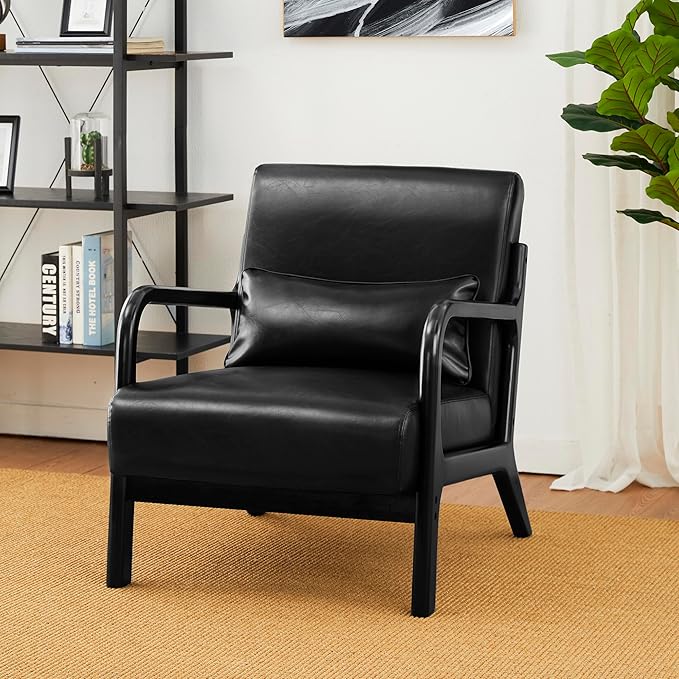 Glitzhome 2 Set Mid Century Black Accent Armchair, Single Reading Armchair PU Leather Lounge Chair with Walnut Ruberwood Frame