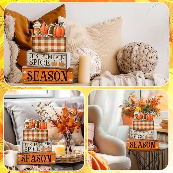 4 Pcs Fall Football Decorations for Home Fall Table Decor Thanksgiving Tiered Tray Decor Decorative Football Maple Leaves Pumpkins Block Signs Farmhouse Autumn Centerpiece for Home Kitchen