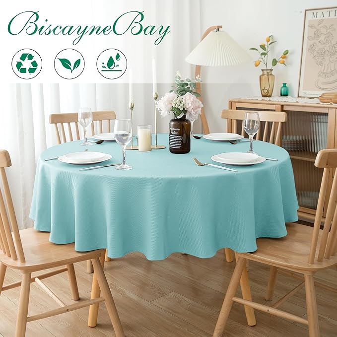 Biscaynebay Round Tablecloth 70 Inch-Auqa Blue Outdoor Fabric Table Cover-Small Circle Folding Table Cloths Linen Water Resistant for Kitchen Dining Picnic Patio Outdoor Party Restaurant Tables