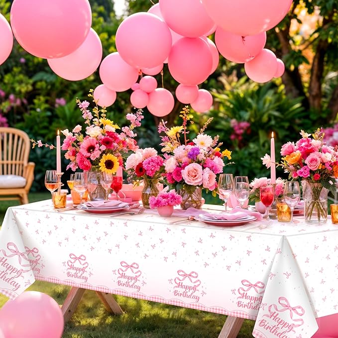 3 Pack Coquette Pink Bow Plastic Tablecloth, 54 X 108Inch Disposable Pink Bow Table Cloth for Rectangle Tables Waterproof Table Cover for Girls Bridal Wedding Birthday Party