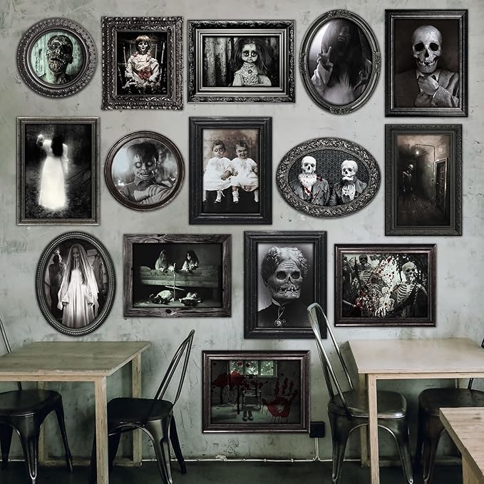 15 Halloween Gothic Creepy Skull Photos Haunted Horror Picture Frame, Waterproof Durable, with 80pcs Self Adhesive Dots,Creepy Photo Decoration For Haunted Family Castle Masquerade Party Black