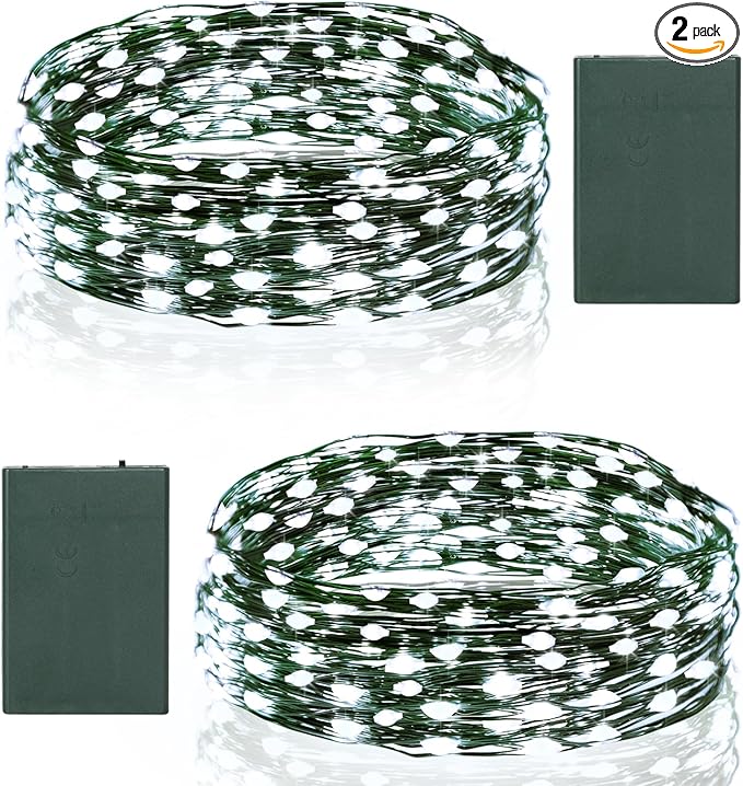 2 Pack Christmas Fairy Lights Battery Operated, 16.4FT 50 LED Dark Green Wire Micro Starry Twinkle Light with Auto Timer Waterproof, Indoor String Lights for Indoor Outdoor Yard Decor (Cool White)