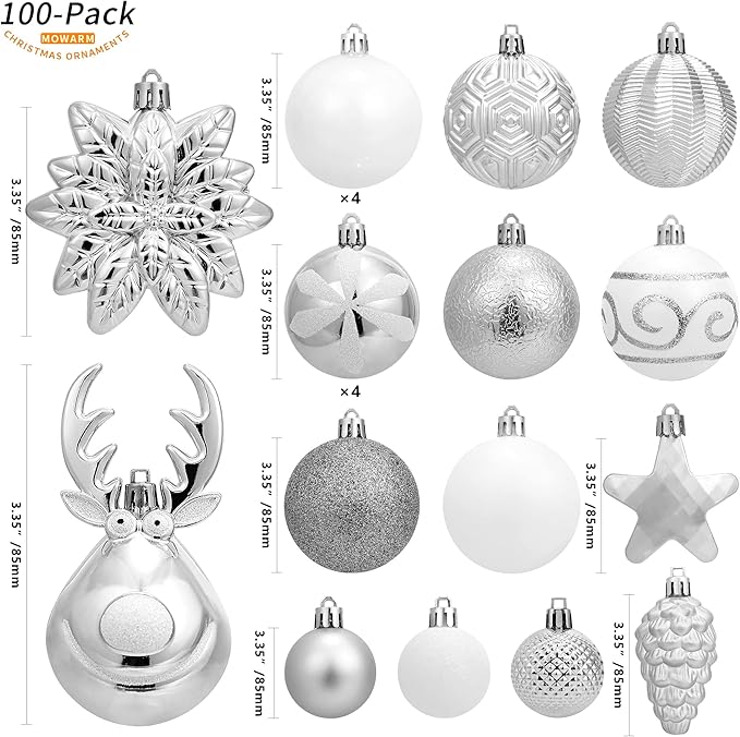 100 Pack Christmas Ball Ornaments,Silver and White Plastic Christmas Balls Shatterproof Christmas Tree Decorations in Indoor,Holiday Xmas Tree Decor Hanging Baubles Balls