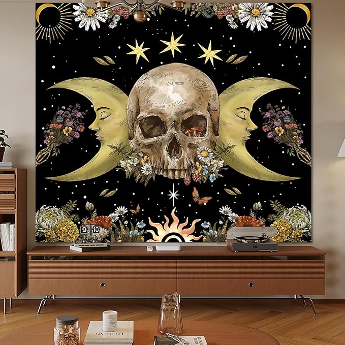 Atrippy Halloween Vintage Gothic Tapestry for Bedroom, Goth Skull Floral Wall Decor Tapestry, Sun and Moon Skeleton Flower Tapestries Aesthetic, Dark Room Decor Wall Hanging for Living Room Dorm 51x60 Inches