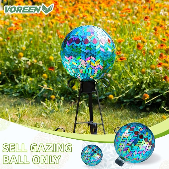 VOREEN Mosaic Glass Gazing Ball Outdoor Gazing Globe, Reflective Ball Yard Decoration for Homes, Patio, Lawn and Gardens, Gift for Mom Wife Friend, 10-Inch, Blue