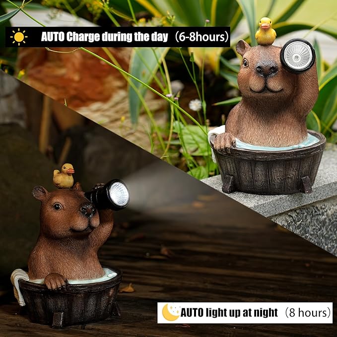 Capybara Solar Garden Statue โ Funny Outdoor Resin Animal Decor with Flashlight & Duck โ Waterproof Yard Lawn Ornament with LED Light โ Solar Powered Figurine for Patio, Porch, Landscape