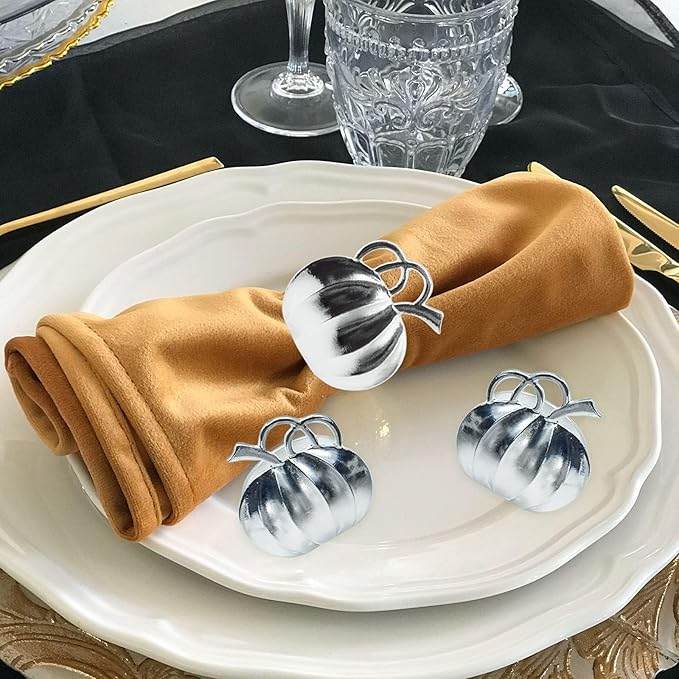 Halatool Set of 12 Thanksgiving Napkin Rings- Fall Harvest Rustic Pumpkin Napkin Holder, Alloy Dinner Tables Napkin Ring Decoration for Thanksgiving Halloween Holidays Gathering Party (Silver)