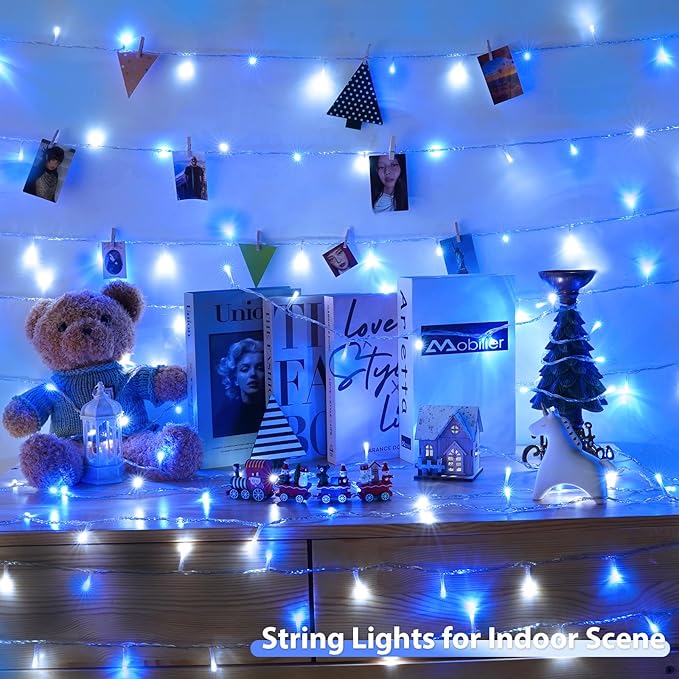2 Pack String Lights Battery Operated with Timer, 66FT 200 LED Waterproof Battery Twinkle Lights, 8 Modes Fairy Light for Indoor & Outdoor Party Bedroom Christmas Decorations (Blue and White)