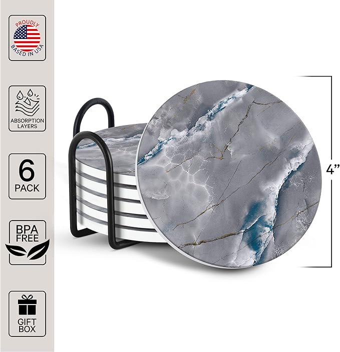 Emerson Coasters for Drinks Absorbent – Natural Stone Drink Coasters Set with Holder, Coasters for Coffee Table, Wooden Tabletop Protection Marble Style – 100% Heavy Duty Set of 6 (Graphite)