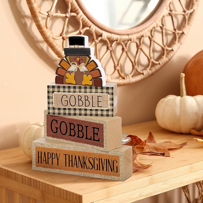 4 Pcs Fall Decorations for Home Thanksgiving Tiered Tray Decor Fall Tabletop Decor Thanksgiving Centerpiece Rustic Wood Turkey Block Sign for Autumn Table Mantel Decorations