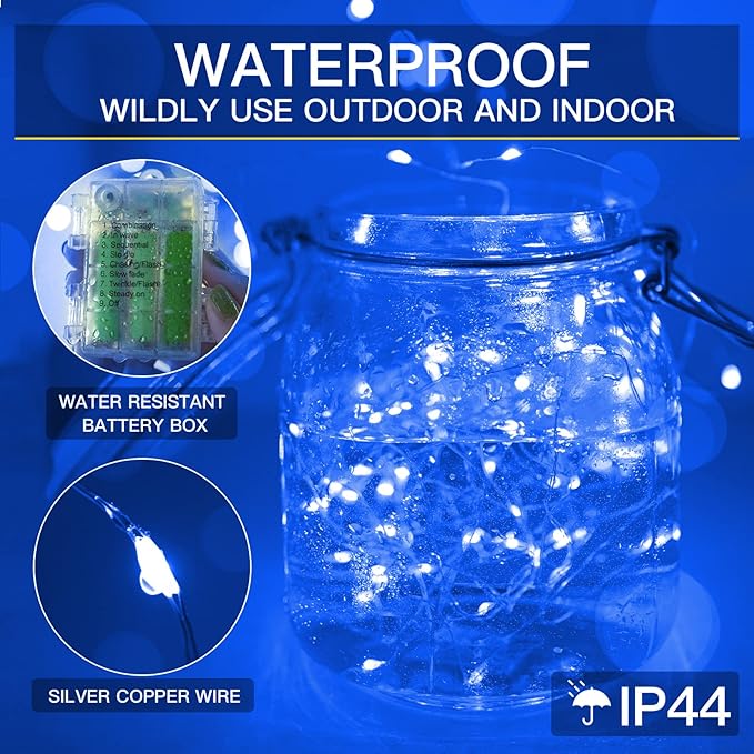 suddus Blue LED Christmas Lights Outdoor,200led 66ft Battery Operated Fairy Lights Indoor, Twinkle Lights for Bedroom, Halloween, Backyard, Tree, Dorm, Patio, Tapestry, Garden, Party