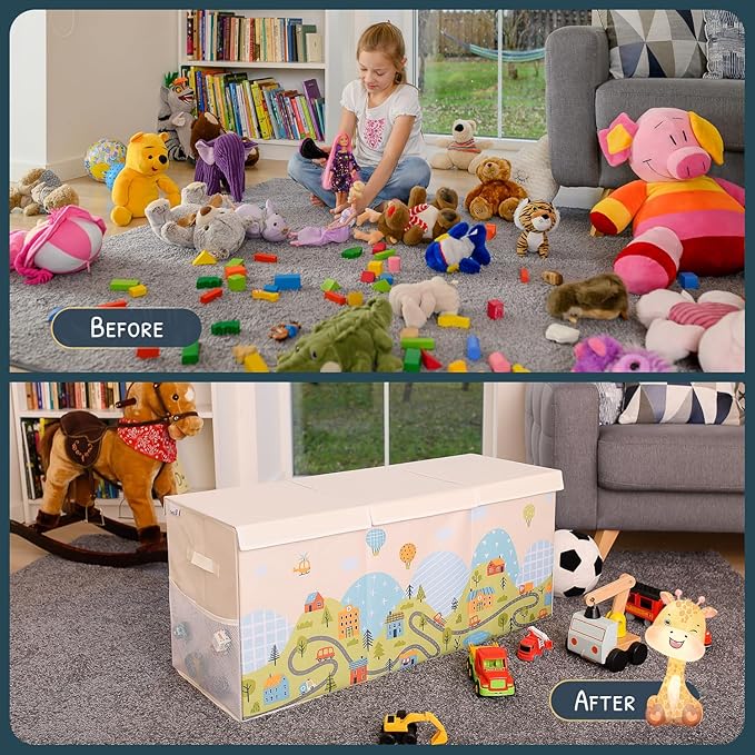 Extra Large Toy Storage Organizer with Lid - Sturdy, Collapsible Toy Chest Storage Box with Cute Design - Toys Bin with Dividers for Kids, Boys, Girls, Nursery, Bedroom, Play room 37"x16"x14"