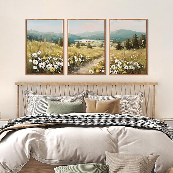 KAIRNE Field Canvas Wall Art,Vintage Landscape Wall Decor,Wildflower Prints Set of 3(16”X24”),Nature Botanical Floral Posters,Rustic Paintings for Kitchen Living Room Bedroom Farmhouse Decor,Framed