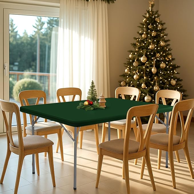 Fitted Tablecloth for 8 Foot Rectangle Tables-6 Pack Hunter Green Elastic Outdoor Picnic Table Cover-Spandex Stretch Folding Table Cloths 8ft for Camping Dining Patio Kitchen Banquet Party