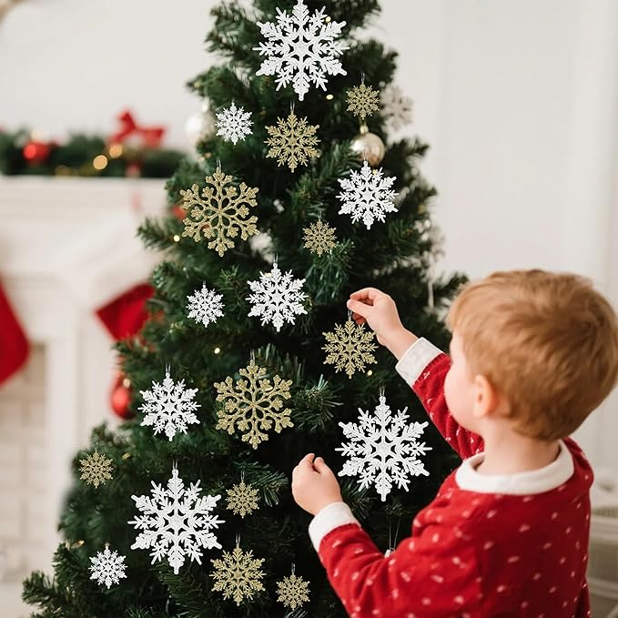 36pcs Snowflakes-Christmas Tree Decorations, Snowflake Ornaments for Tree, Plastic Glitter White Gold Snow Flakes Ornaments, Christmas Indoor Winter Wonderland Frozen Birthday Party Holiday Home Decor