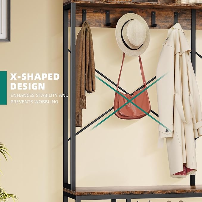 YITAHOME Entryway Bench with Coat Rack, 5-in-1 Hall Tree with Shoes Storage, Industrial Freestanding Coat Rack Shoe Bench with Storage Shelves, 10 Hooks for Hallway, Bedroom, Rustic Brown