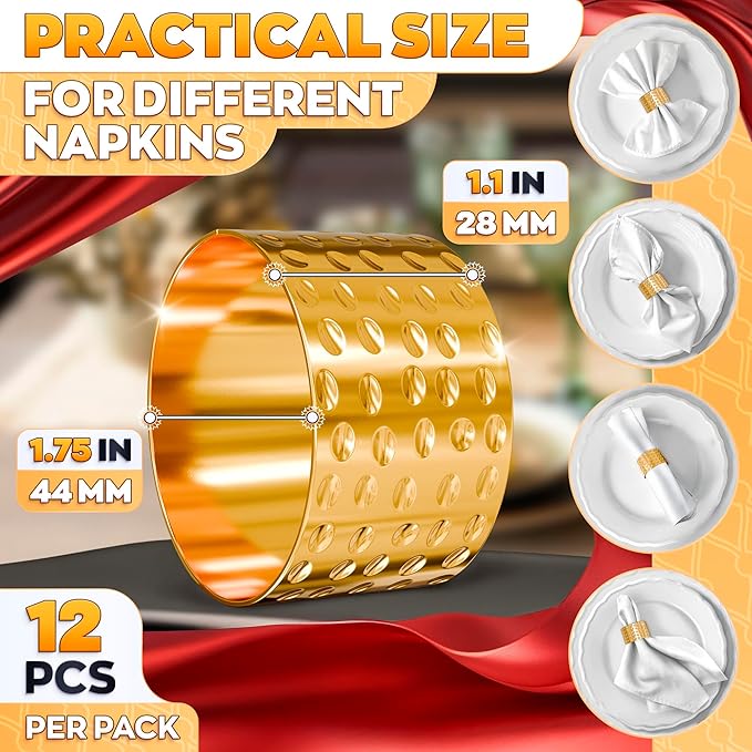 Hammered Gold Napkin Rings Set of 12 – Classic & Reusable Metal | 1.8" x 1.1" for Banquets, Weddings, Family and Holiday Gatherings, Ensuring an Elegant and Polished Table Presentation