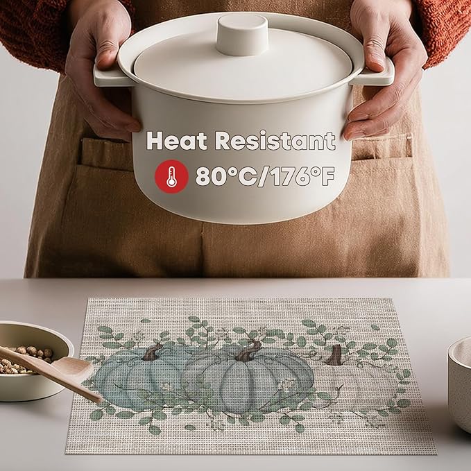Artoid Mode Pumpkin Leaves Fall Vinyl Placemats Set of 4, Wipeable Woven PVC Table Mats for Thanksgiving Farmhouse Holiday Party Kitchen Dining Decor