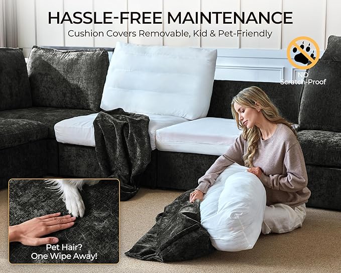 Oversized Modular Sofa Comfy Cloud Couch with Storage, Extra Deep Plush Sectional Sofa Set for Living Room, Covers Washable, Chenille, Olar (Black, 6-Seater with 2 Corners, u-Shaped)