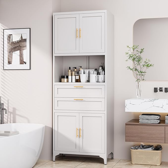 75” Tall Kitchen Pantry Storage Cabinet, Metal Bathroom Storage Cabinet with 2 Drawers and Adjustable Shelves, Kitchen Pantry Cupboard, Freestanding Cupboard for Bathroom, Living Room (White)