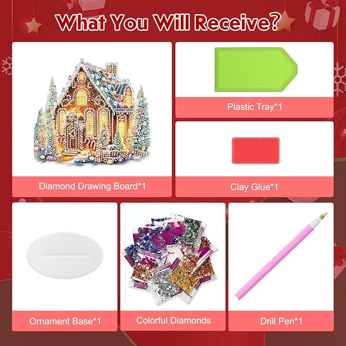 MEIYUDA Christmas Diamond Art Tabletop Kits, Christmas House Diamond Art Painting Desktop Ornaments for Adult, DIY Special Shaped Crystal Desk Placement Ornament for Home Office Decor Crafts Gift