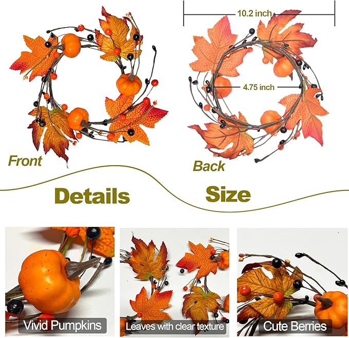 3pcs Fall Candle Rings Wreaths Autumn Maple Leaves Pumpkins Berries Candle Holder Rings Mini Wreaths Decorations for Tables Centerpieces Halloween Thanksgiving Harvest Christmas Home Kitchen Decor