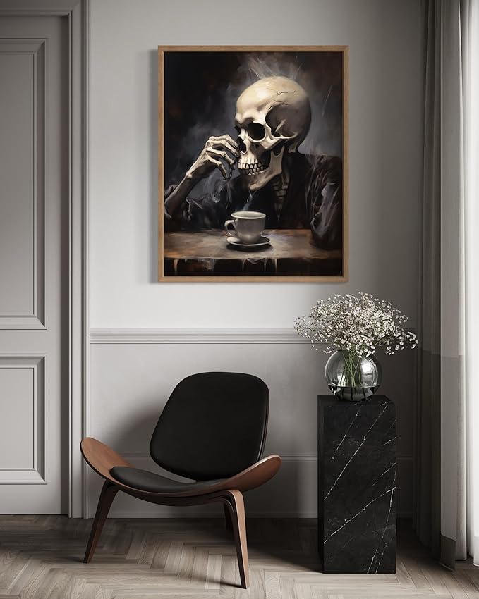 Skull Drinking Coffee Poster Art Print, Halloween Scary Vintage Wall Art Academia Spooky Painting Decoration for Horror Prints, Gothic Posters Bedroom Decor 89 (Skull Drinking Coffee, 8 x 10 inches, Wood Frame)