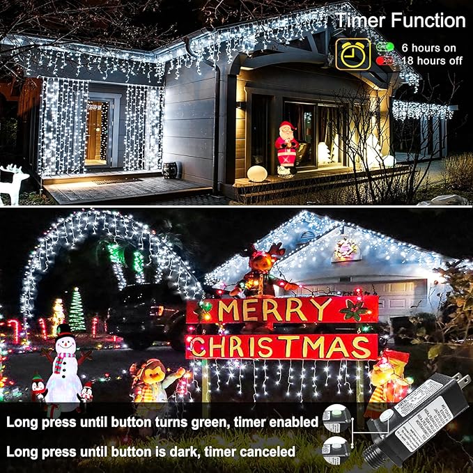 99ft 1216LED Icicle Lights for Outside, White Christmas Lights for House Patio Yard Porch Backyard Holiday Garden Xmas Exterior Decoration, Waterproof Twinkle Cluster Light Hanging Light All Year