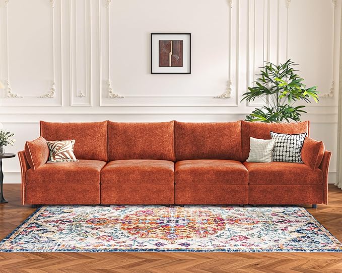 134.6" Modular Sectional Sofa, Oversized 4 Seater Terracotta Orange Couch with Removable Chenille Fabric Cover, Deep Seat & High Backrest for Living Room, Office & Apartment