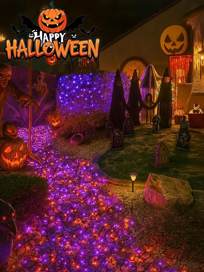 2 Pack Halloween String Lights Battery Operated with Timer, 66FT 200 LED Waterproof Orange and Purple Lights, Twinkle Fairy Light with 8 Modes for Indoor & Outdoor Party Bedroom Halloween Decorations