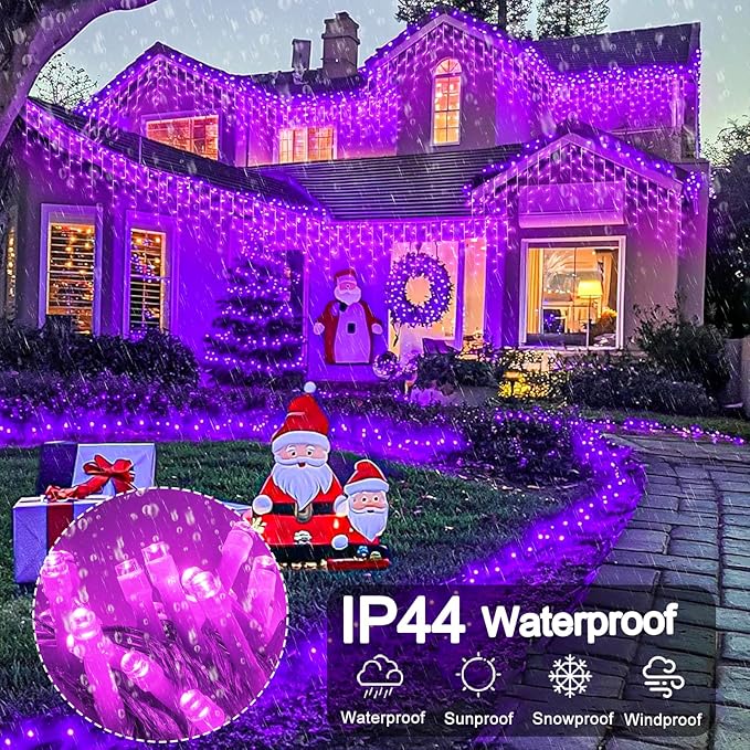 33ft Purple Halloween Lights Outdoor, 400 LED Icicle Lights for Outside Indoor Twinkle Christmas Light with Connectable Clear Wire 8 Modes Timer Waterproof for House Party Tree Holiday Yard Decoration